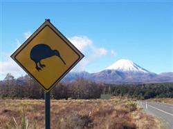 Photo du panneau au kiwi devant le Ngauruhoe