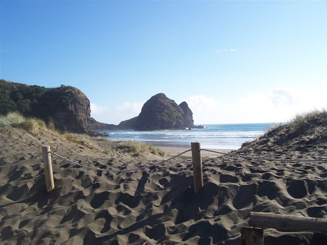 Le sable noir à piha beach en Nouvelle-Zélande