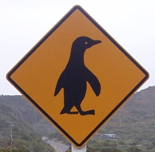 Le panneau attention au pinguin en Nouvelle-Zélande